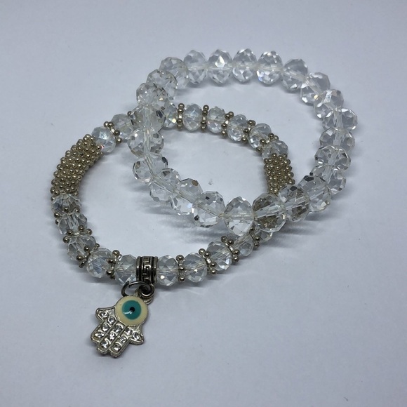 CURATED bundle 2 sparkling crystal bracelets hamsa charm boho style stackable. - Picture 1 of 3